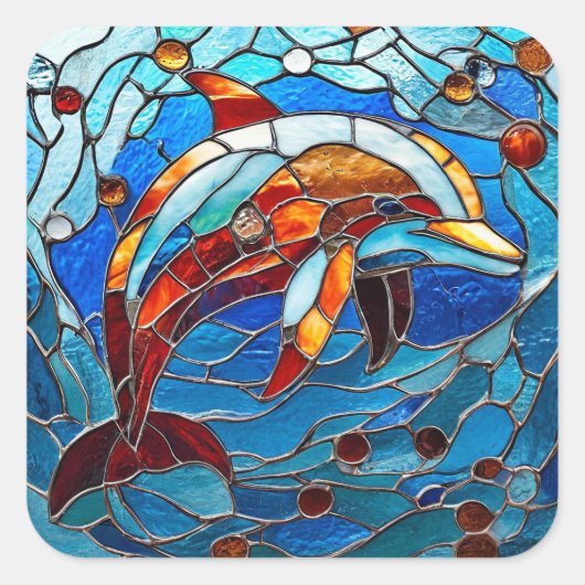 Buntglas-Delfin Quadratischer Aufkleber (Vorderseite)
