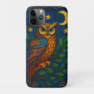 Buntglas-Eule unter Mond und Sternen Case-Mate iPhone Hülle