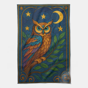 Buntglas-Eule unter Mond und Sternen Geschirrtuch