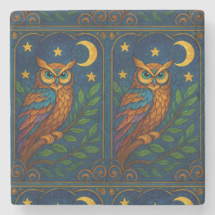 Buntglas-Eule unter Mond und Sternen Steinuntersetzer
