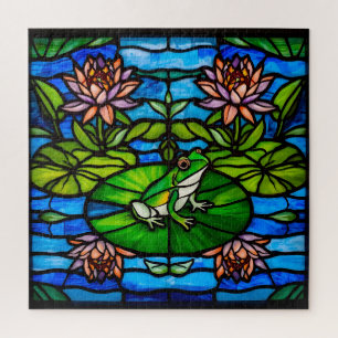 Buntglas Grüner Frosch und Wasserlilien-Blumen Puzzle