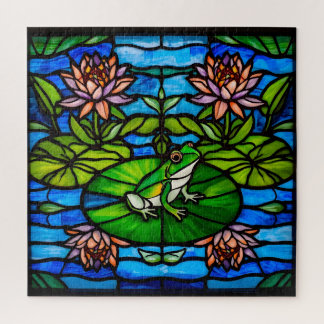 Buntglas Grüner Frosch und Wasserlilien-Blumen  Puzzle