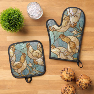 Buntglas-Hähne Eleganter Hühnerhof-Stil Ofenhandschuh & Topflappen-Set