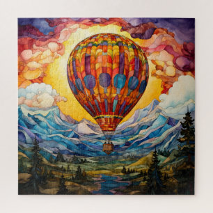 Buntglas-Heißluftballon-Sonnenuntergang-Gebirge Puzzle