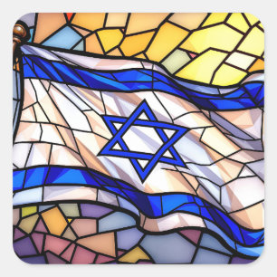 Buntglas-Israel-Flagge-Mosaik-Judaica-Kunst  Quadratischer Aufkleber