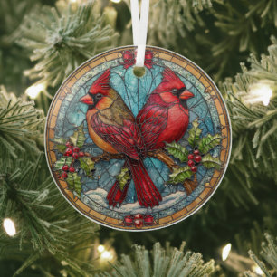 Buntglas-Kardinäle auf Stechpalmenzweig Ornament Aus Glas