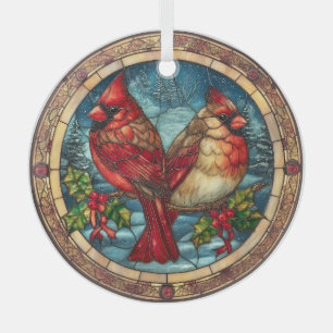 Buntglas-Kardinäle auf Stechpalmenzweig Ornament Aus Glas