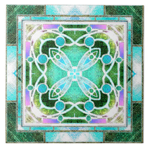 Buntglas-Kathedralfenster in Grün und Mint Fliese
