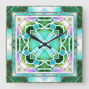 Buntglas-Kathedralfenster in Grün und Mint Quadratische Wanduhr