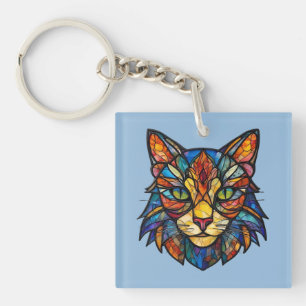 Buntglas-Katze detailliertes Gesicht Schlüsselanhänger