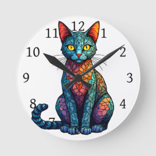 Buntglas Katze Mehrfarbig 784 Runde Wanduhr