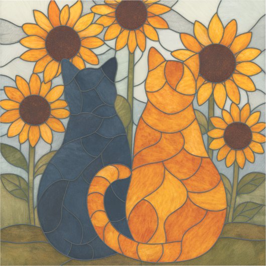 Buntglas-Katzen und Sonnenblumen-Kunstdesign Aufkleber (Vorderseite)