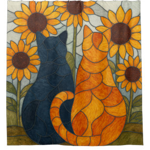 Buntglas-Katzen und Sonnenblumen-Kunstdesign Duschvorhang