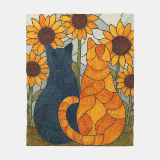 Buntglas-Katzen und Sonnenblumen-Kunstdesign Fleecedecke (Vorderseite)
