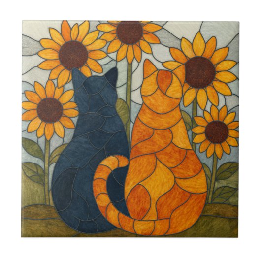 Buntglas-Katzen und Sonnenblumen-Kunstdesign Fliese (Vorderseite)