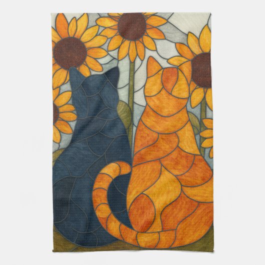 Buntglas-Katzen und Sonnenblumen-Kunstdesign Geschirrtuch (Vertikal)