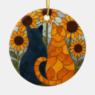 Buntglas-Katzen und Sonnenblumen-Kunstdesign Keramik Ornament
