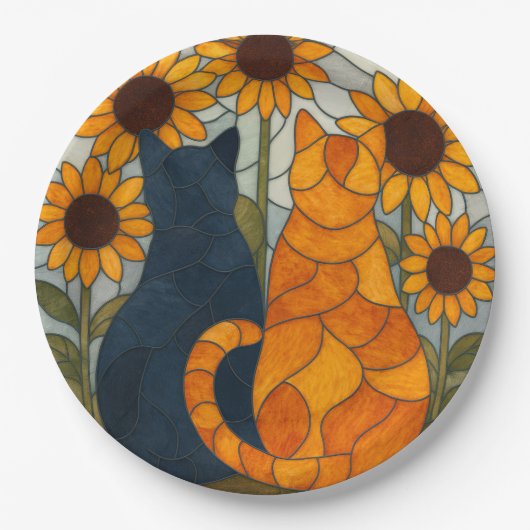 Buntglas-Katzen und Sonnenblumen-Kunstdesign Pappteller (Vorderseite)