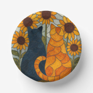 Buntglas-Katzen und Sonnenblumen-Kunstdesign Pappteller