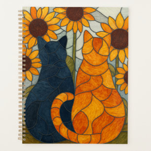 Buntglas-Katzen und Sonnenblumen-Kunstdesign Planer