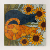 Buntglas-Katzen und Sonnenblumen-Kunstdesign Puzzle (Horizontal)