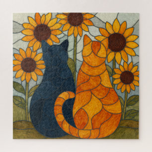 Buntglas-Katzen und Sonnenblumen-Kunstdesign Puzzle