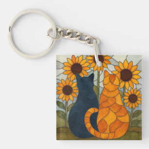 Buntglas-Katzen und Sonnenblumen-Kunstdesign Schlüsselanhänger