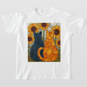 Buntglas-Katzen und Sonnenblumen-Kunstdesign T-Shirt