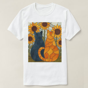 Buntglas-Katzen und Sonnenblumen-Kunstdesign T-Shirt
