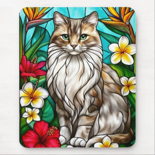 Buntglas-Katzenporträt Elegante Langhaarkatze Mousepad