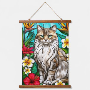 Buntglas-Katzenporträt Elegante Langhaarkatze Wandteppich Mit Holzrahmen