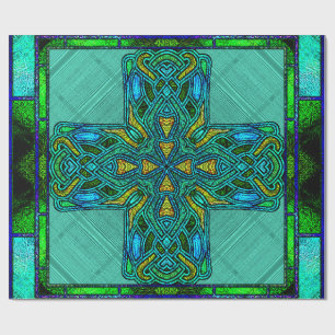 Buntglas-Keltisches Kreuz in Gold und Grün Geschenkpapier
