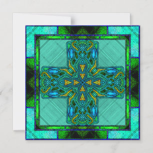 Buntglas-Keltisches Kreuz in Gold und Grün Magneteinladung