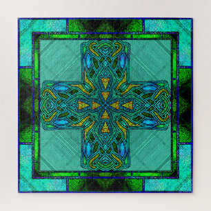 Buntglas-Keltisches Kreuz in Gold und Grün Puzzle