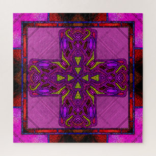 Buntglas-Keltisches Kreuz in Rosa und Lila Puzzle