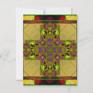 Buntglas-Keltisches Kreuz in Rot und Gold Postkarte