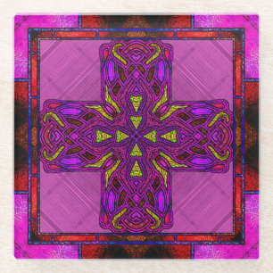 Buntglas-Keltisches Kreuz in Rot und Rosa Glasuntersetzer