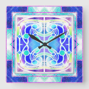 Buntglas-Kirchenfenster in Blau und Grün Quadratische Wanduhr