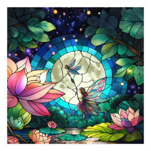 Buntglas Kleine Fee mit Libelle Fotodruck