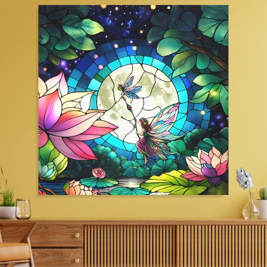 Buntglas Kleine Fee mit Libelle Leinwanddruck (Insitu (Wohnzimmer))