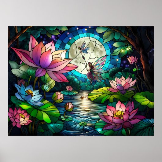 Buntglas Kleine Fee mit Libelle Poster (Vorne)