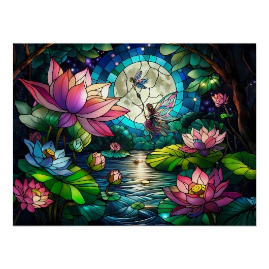 Buntglas-Kleine Fee mit Libelle Poster (Vorderseite)