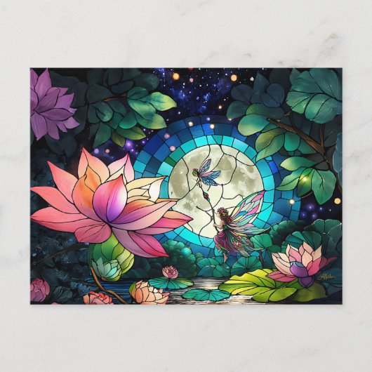 Buntglas Kleine Fee mit Libelle Postkarte (Vorderseite)