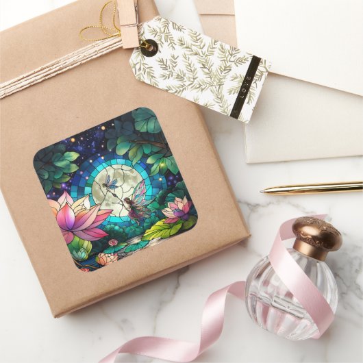 Buntglas-Kleine Fee mit Libelle Quadratischer Aufkleber (Schenken)