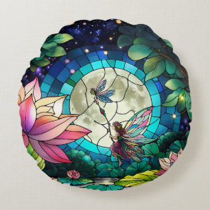 Buntglas Kleine Fee mit Libelle Rundes Kissen
