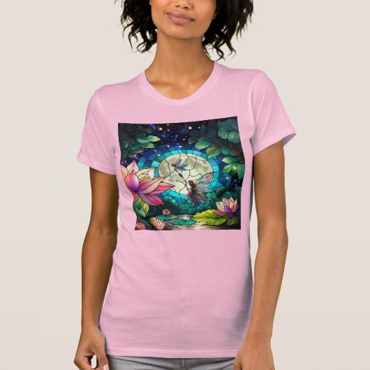 Buntglas-Kleine Fee mit Libelle T-Shirt (Vorderseite)