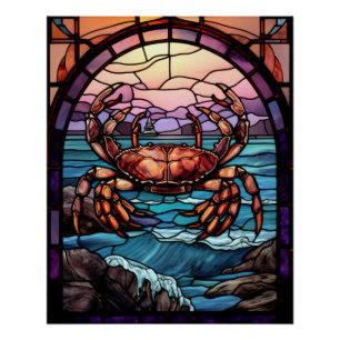Buntglas-Krabben-Ozean-Sonnenuntergang-Küsten-Deko Poster