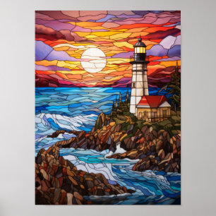 Buntglas-Küsten-Leuchtturm-Sonnenuntergang Poster
