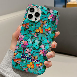 Buntglas lila türkisfarbenes florales Kunstmuster iPhone 16 Hülle