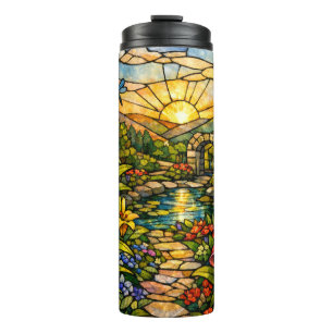 Buntglas-Lilien-Schmetterlinge Sonnenschein Thermosbecher